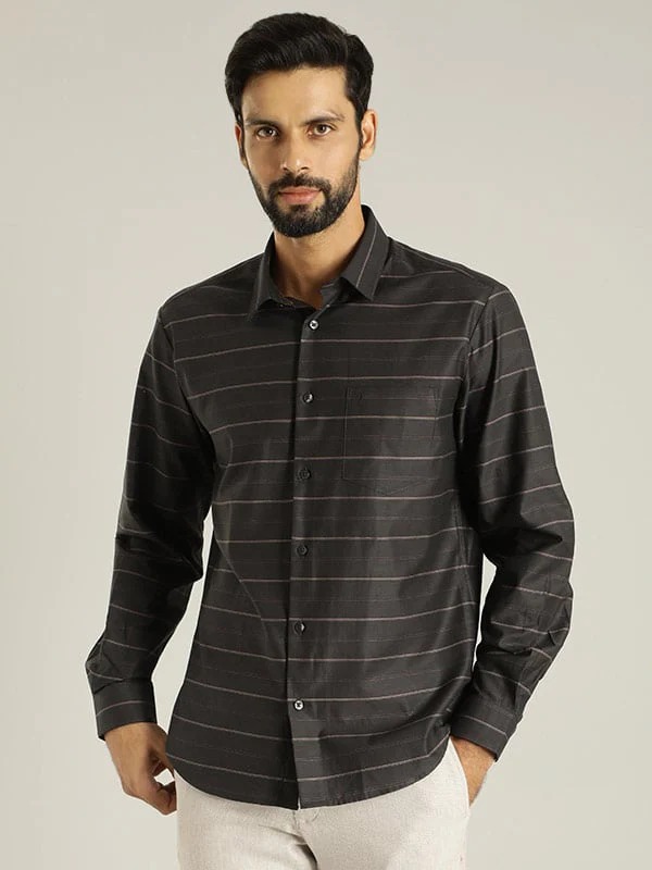 Indian Terrain Men's Slim Fit Full Sleeve Striped Black Shirt
